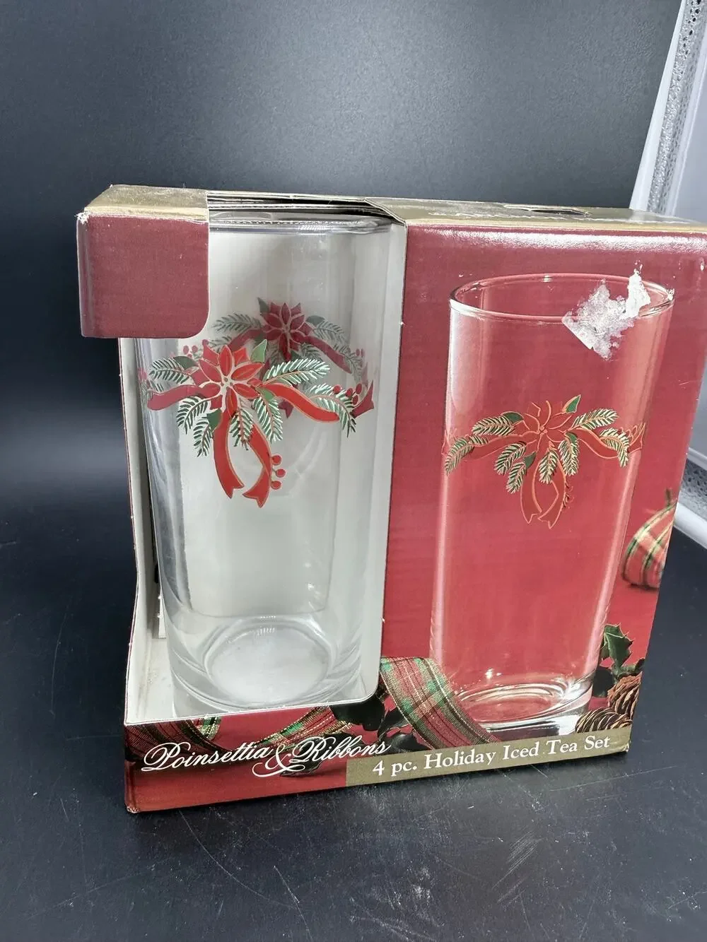 Vintage Libby Poinsettia Ribbons And Boughs Christmas Glasses - Set Of 4